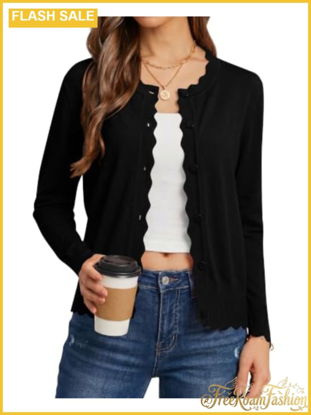 Lightweight Viscose Button Down Cardigan Sweater with Scalloped Trim